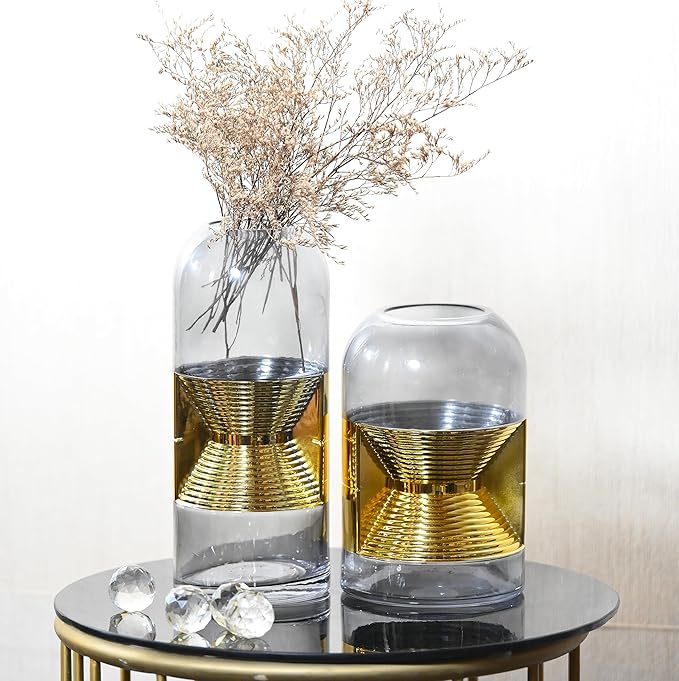 Modern Blue Glass Vase with Golden Lining – Set of Two | Luxury Home Decor