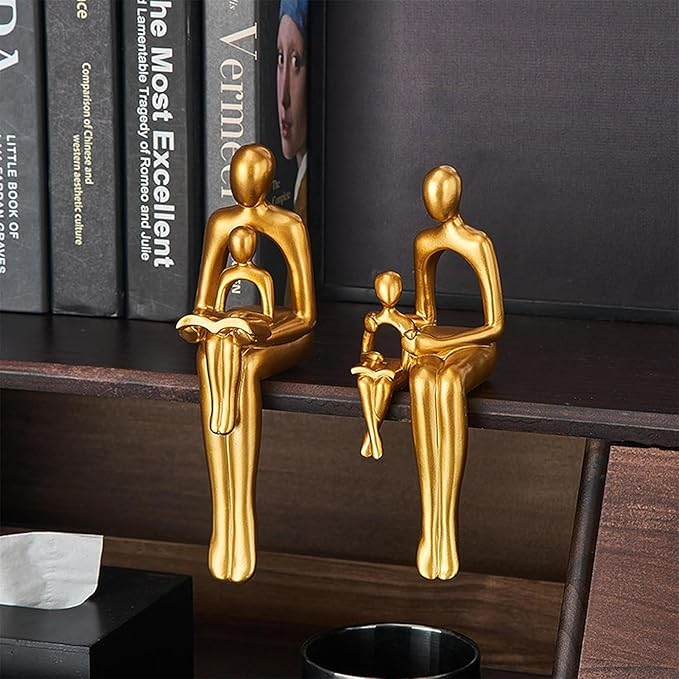 Golden Ornaments Abstract Figures and Father Child Sculptures for Home Décor