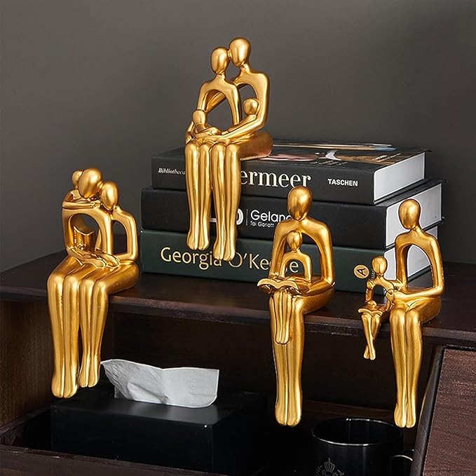 Golden Ornaments Abstract Figures and Father Child Sculptures for Home Décor