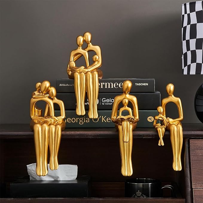 Golden Ornaments Abstract Figures and Father Child Sculptures for Home Décor