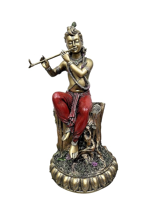 Lord Krishna Playing Flute on Tree Trunk - Decorative Statue for Home & Office