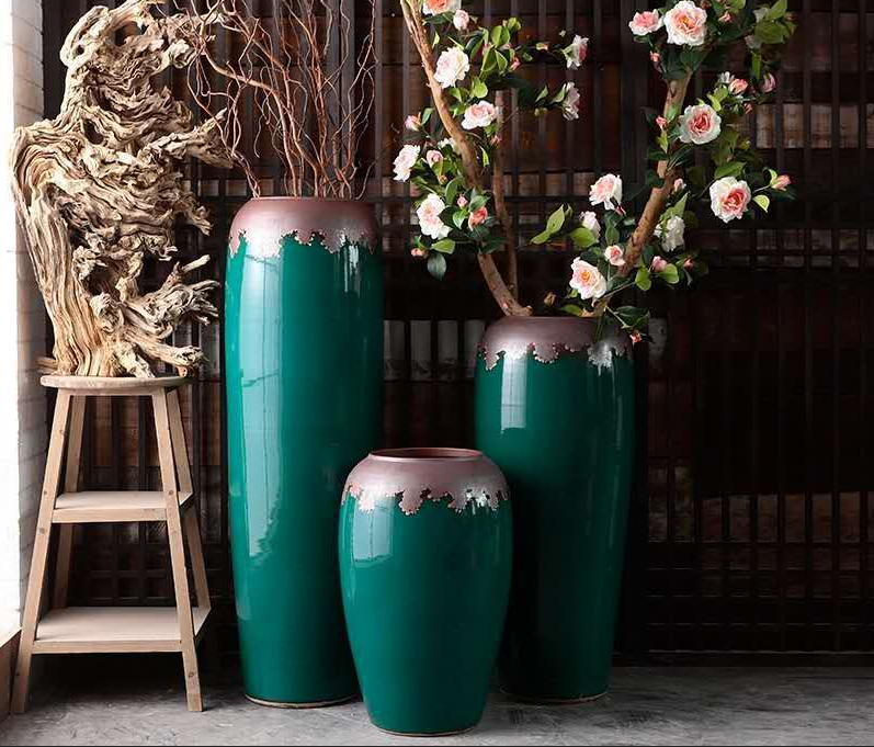 Bodenvase Dark Green Ceramic Vase Retro Cylindrical Design