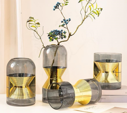 Modern Blue Glass Vase with Golden Lining Set of Two Luxury Home Decor (set)