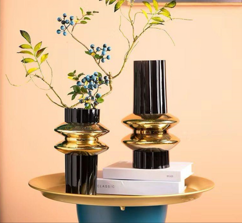 Striped Golden Circle Glass Vase Golden Colour Shade Table Decor (p.p)