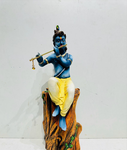 Lord Krishna Playing Flute on Tree Trunk Decorative Statue for Home & Office