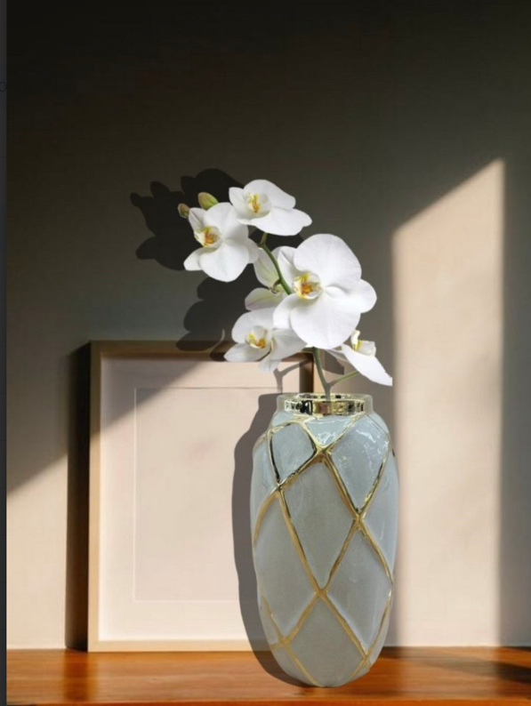 White Flower Vase with Golden Design