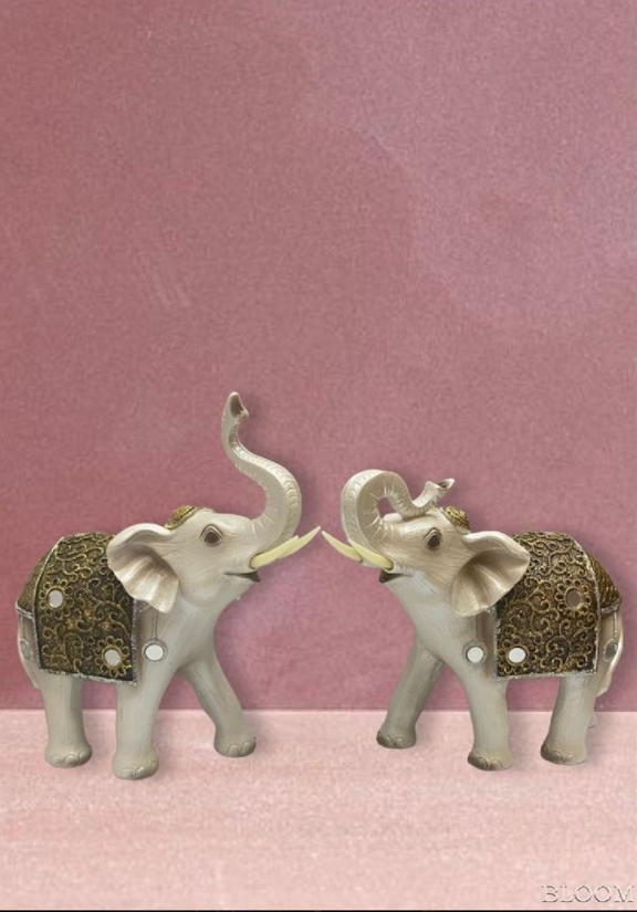 White Elephant Pair with Golden Design Decorative Artefact (Set)