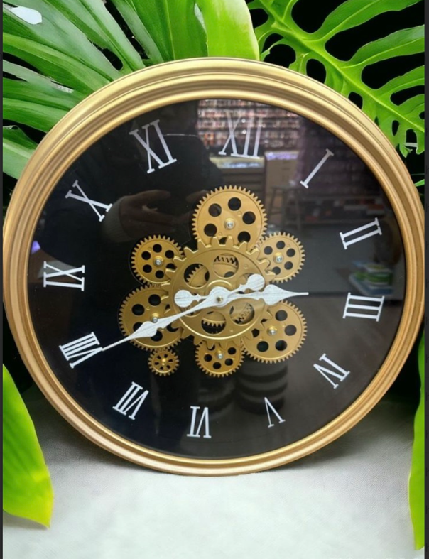 Elegant Golden Plated Antique Wall Clock with Mechanical Design and Black Interior Timeless Classic