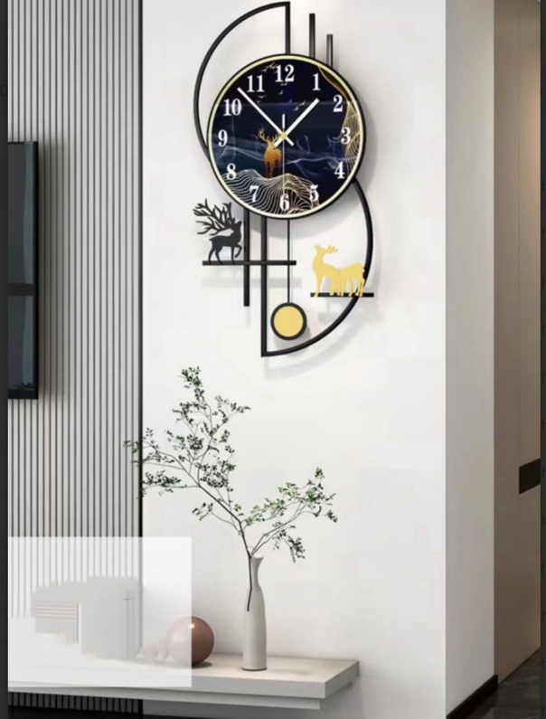 Stylish Wall Clock with Deer Painting and Pendulum Frame A Unique Artistic Accent