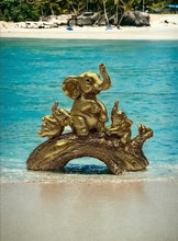 Load image into Gallery viewer, Golden Colour Elephant Artefact Seated on Wood with Two Baby Elephants