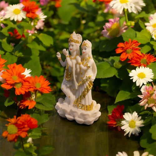 Lord Radha Krishna Idol in White with Gold Design