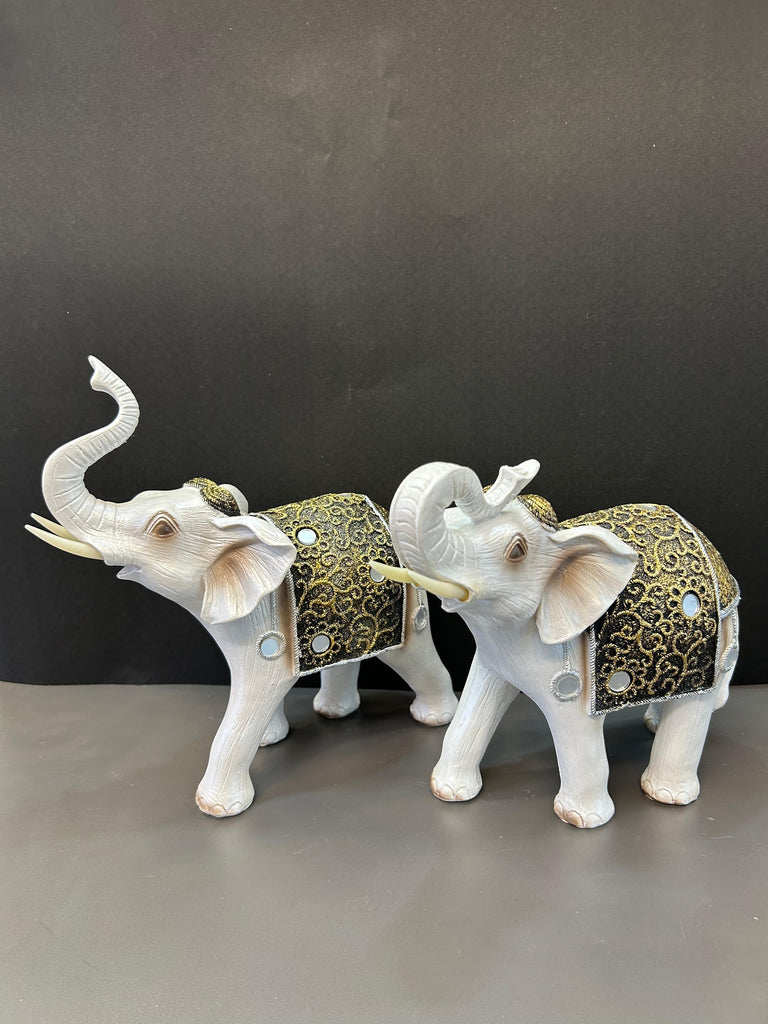 White Elephant Pair with Golden Design Decorative Artefact (Set)