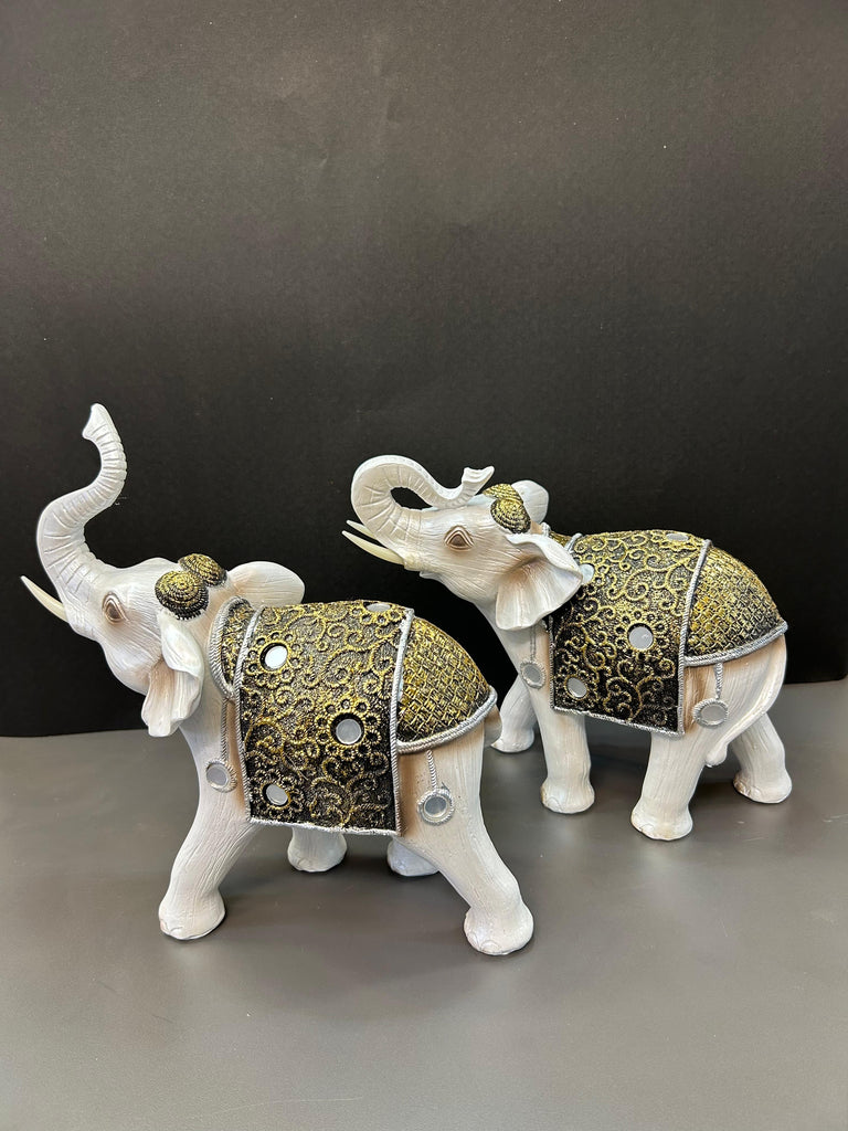 White Elephant Pair with Golden Design Decorative Artefact (Set)