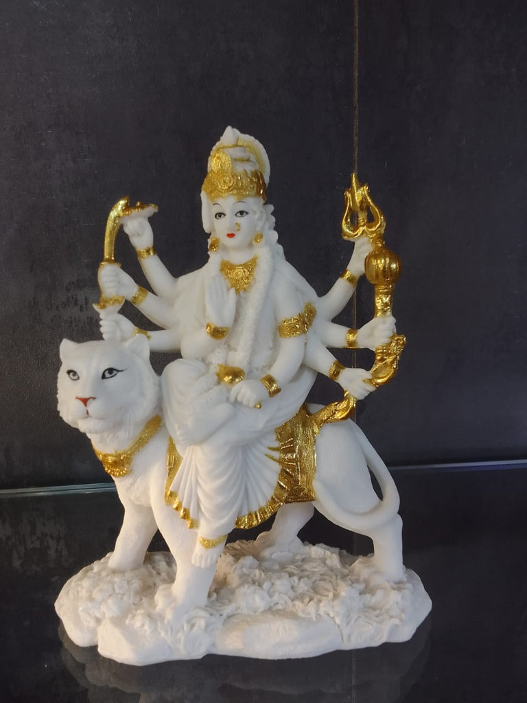 Lord Durga Idol Artefact in White with Gold Design For Home and Office Decor