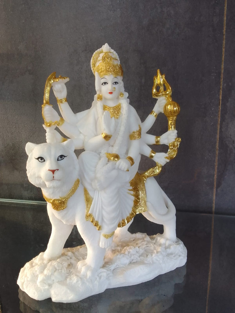 Lord Durga Idol Artefact in White with Gold Design For Home and Office Decor