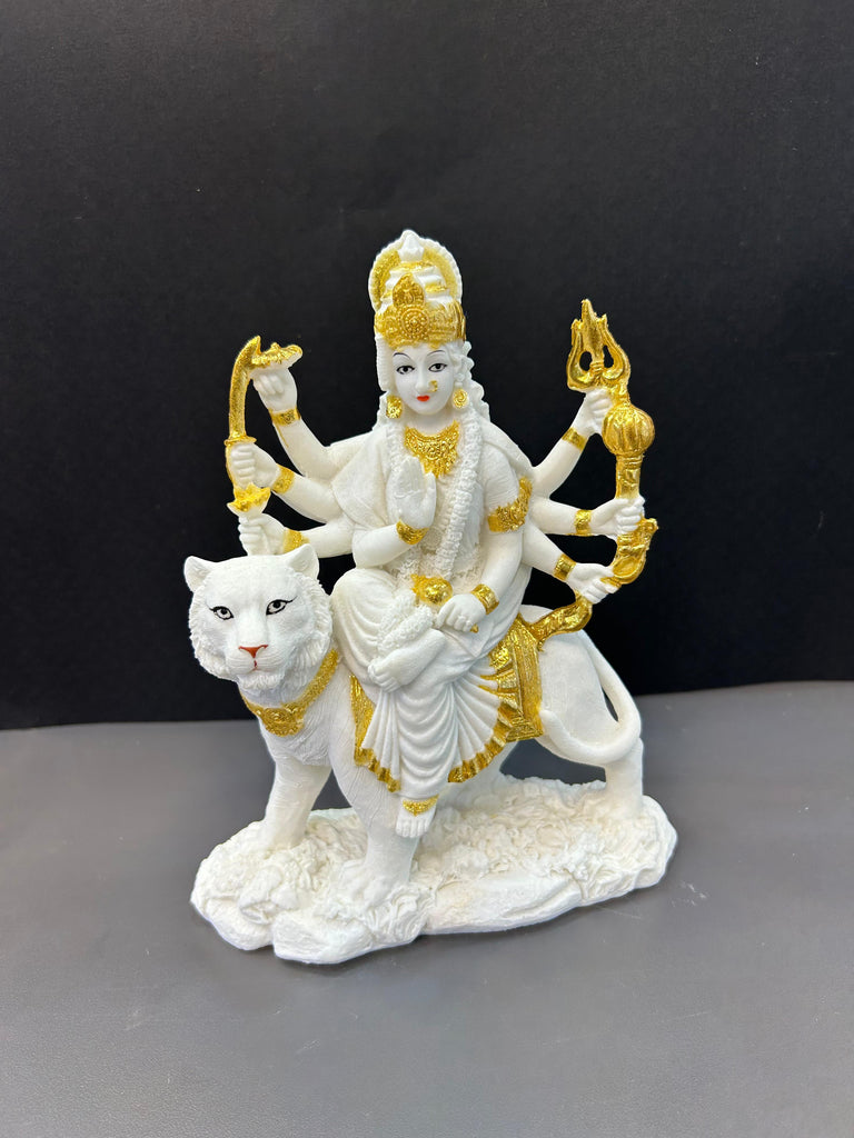 Lord Durga Idol Artefact in White with Gold Design For Home and Office Decor