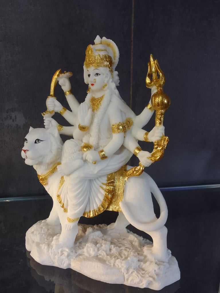 Lord Durga Idol Artefact in White with Gold Design For Home and Office Decor