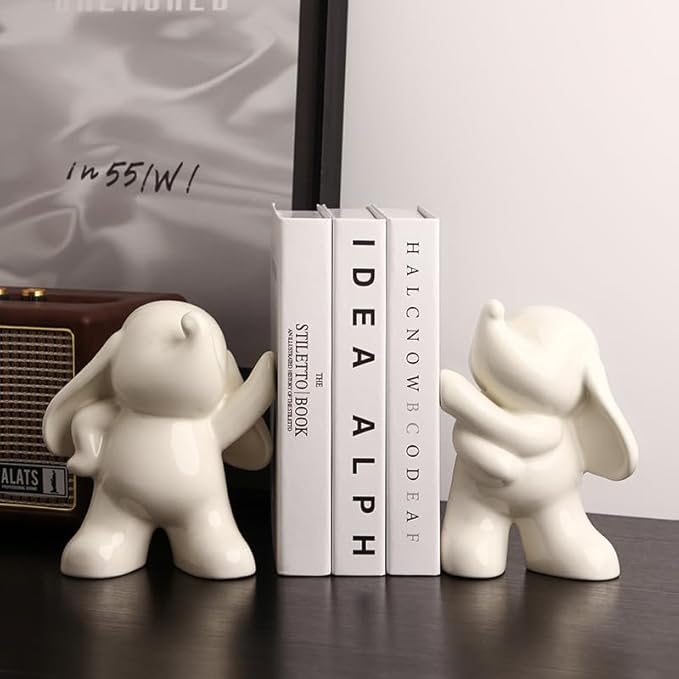 White Ceramic 2-Piece Dumbo Elephant Bookends for Decorative Bookshelves