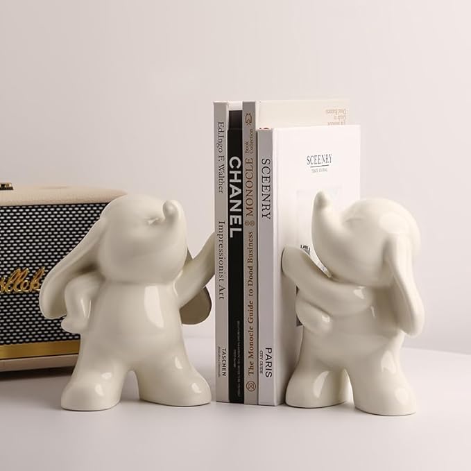 White Ceramic 2-Piece Dumbo Elephant Bookends for Decorative Bookshelves