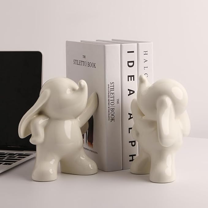 White Ceramic 2-Piece Dumbo Elephant Bookends for Decorative Bookshelves